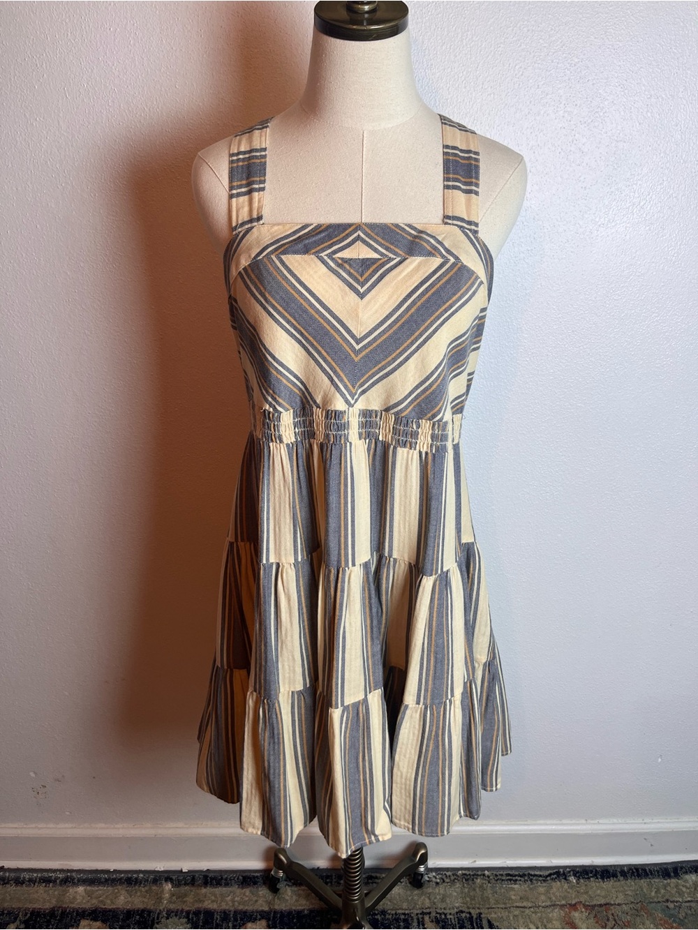 Melrose and Market Striped Tiered Mini Dress in Cream and Gray 100% Cotton